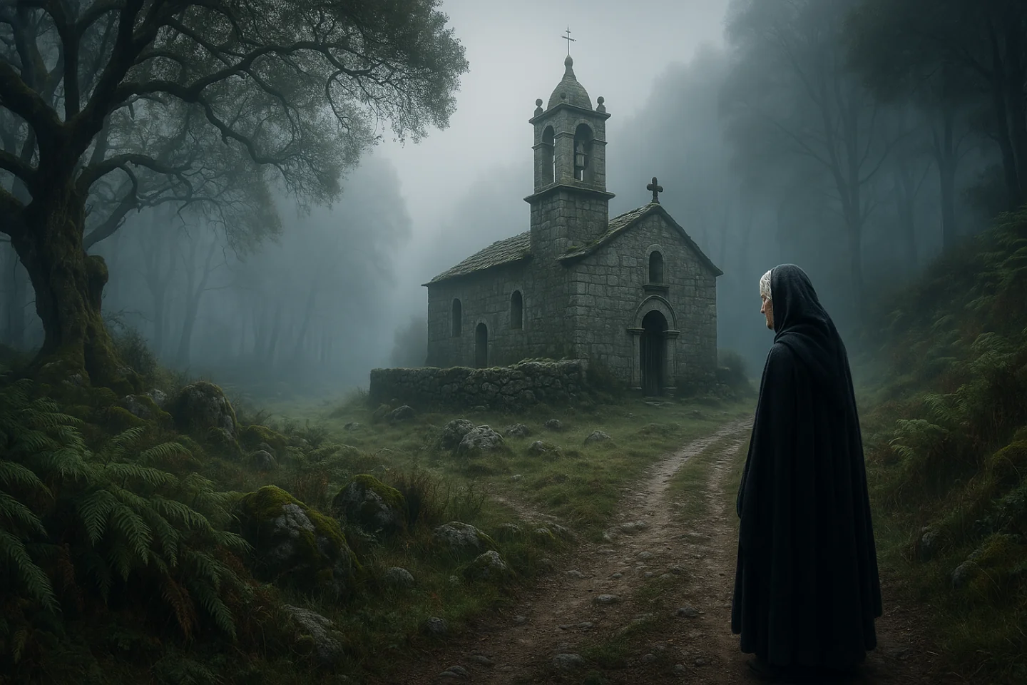 Paisaje brumoso de Galicia evocando la presencia de meigas.